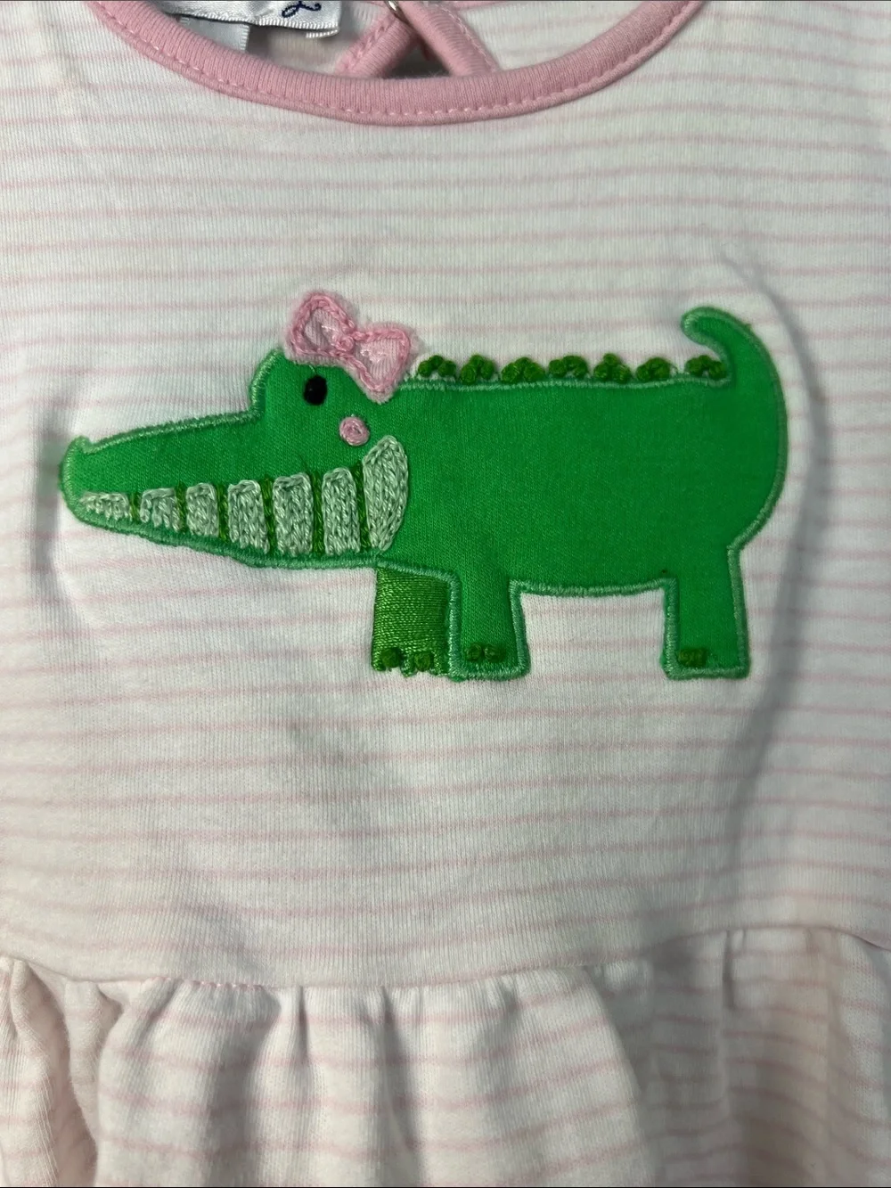 Magnolia Baby pink & white stripe  tiered dress with alligator appliqué 12 Mon